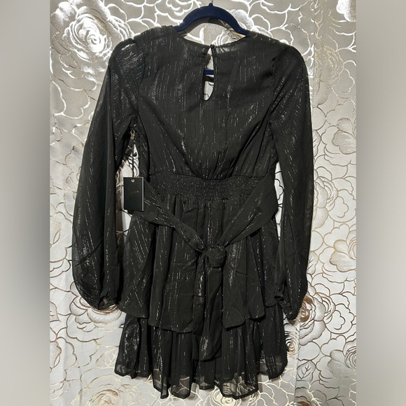 Little Black Dress with Metallic Threads Sheer Sleeves and ruffles - Picture 3 of 4